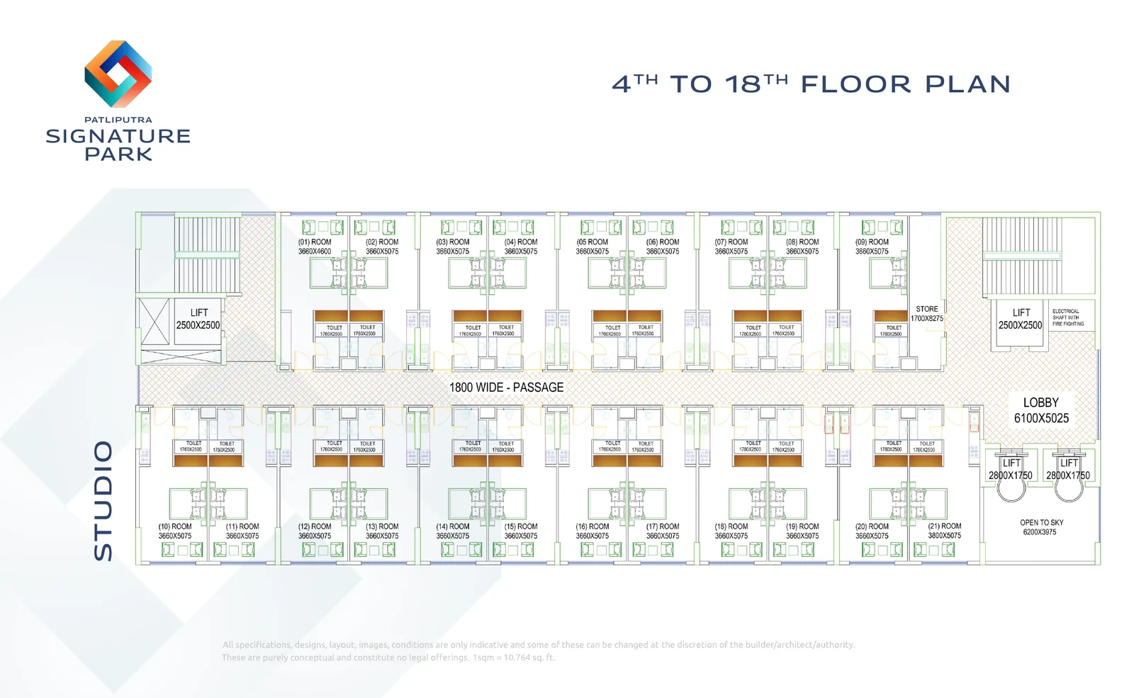 Studio floor plan, 4th to 18th floor, Tower B